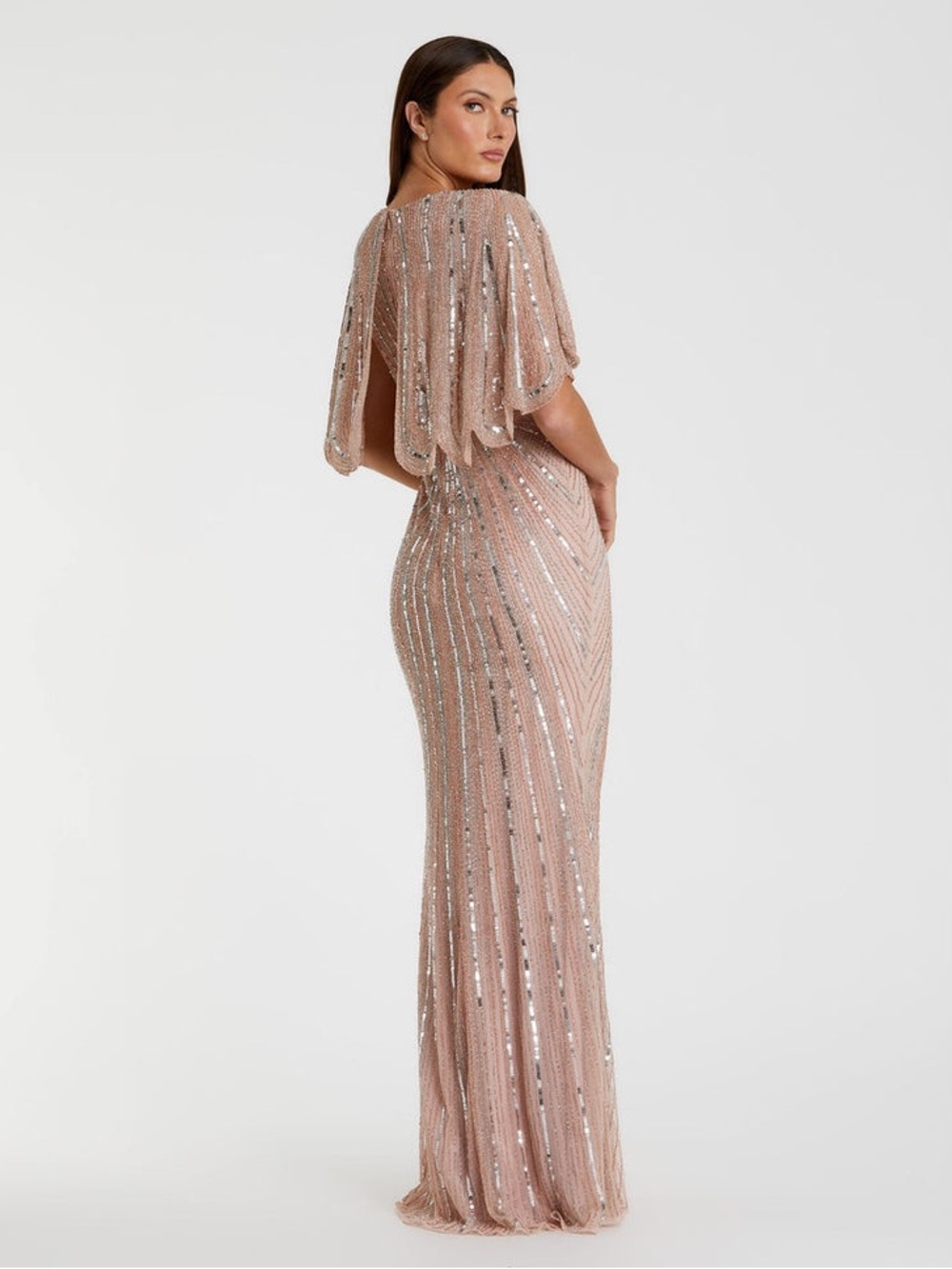 Mac Duggal Blush Sequin Maxi Dress with V-Neck and Cape Sleeves - Picture 2 of 7